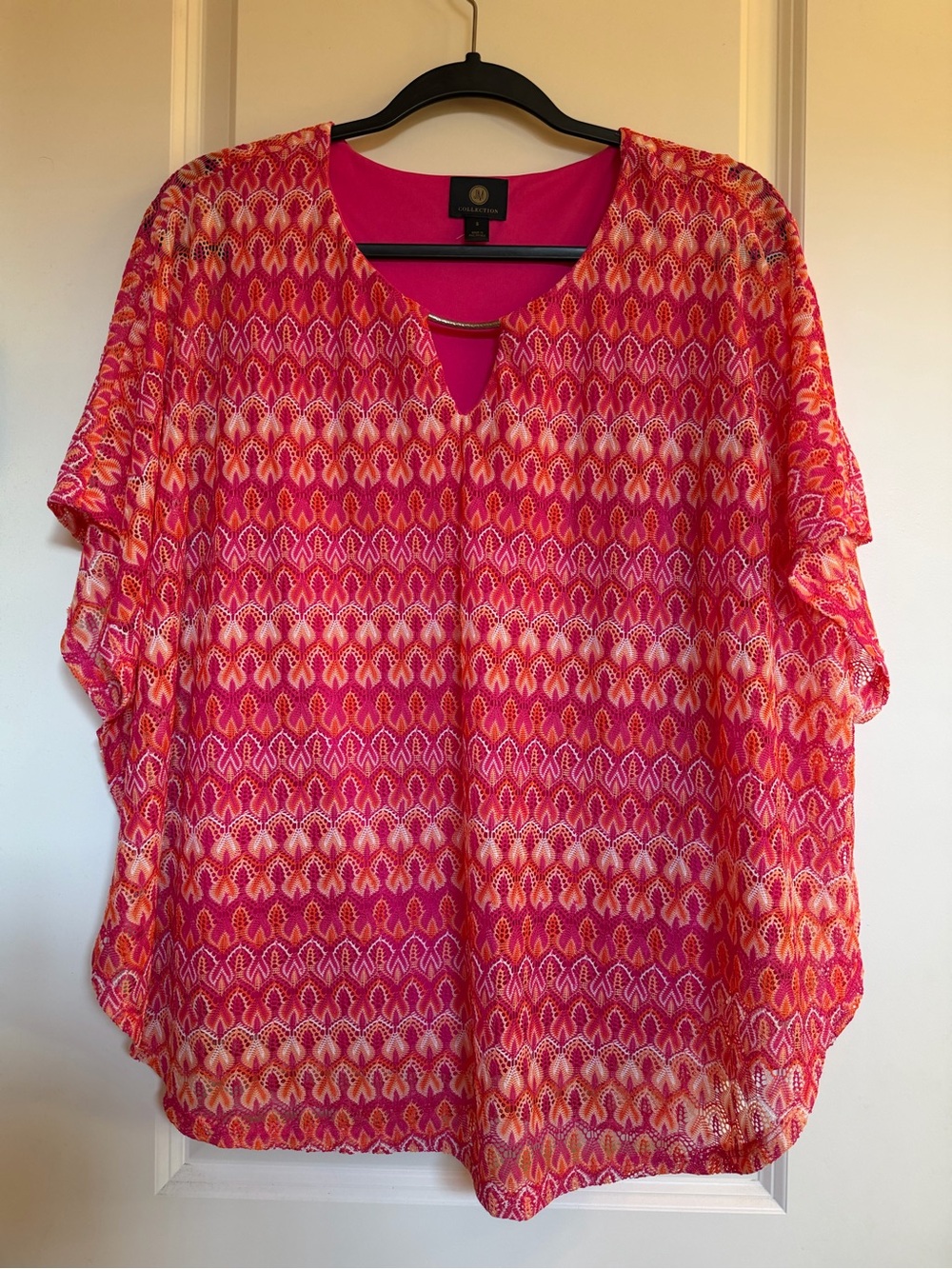 JM Collection Pink and Orange Patterned poncho style top over a pink tank top
